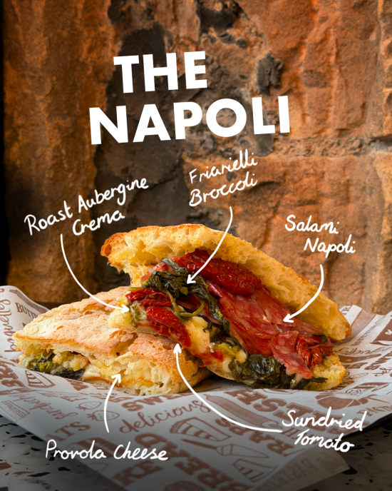 The Napoli schiacciata, cut open on a stone counter
