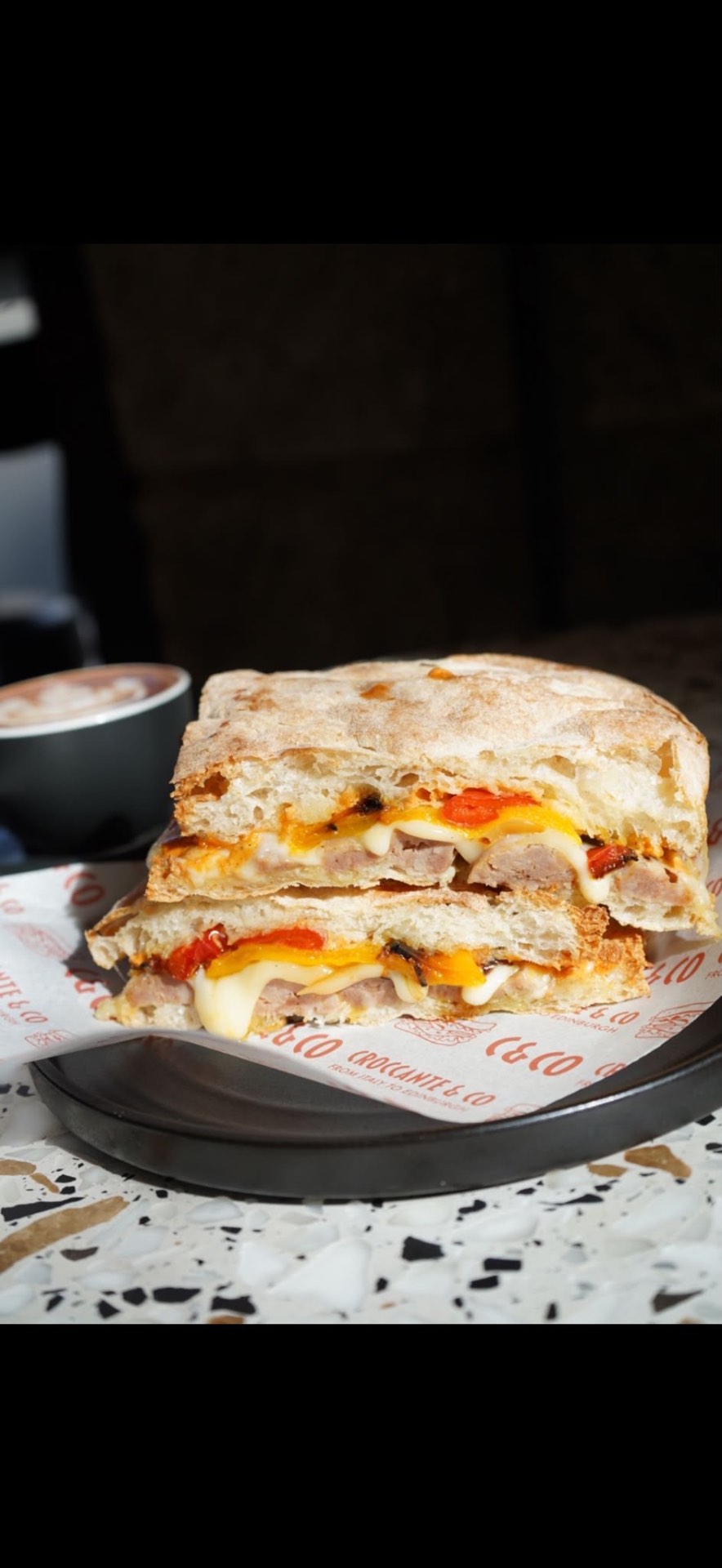 A schiacciata and coffee served at Croccante & Co